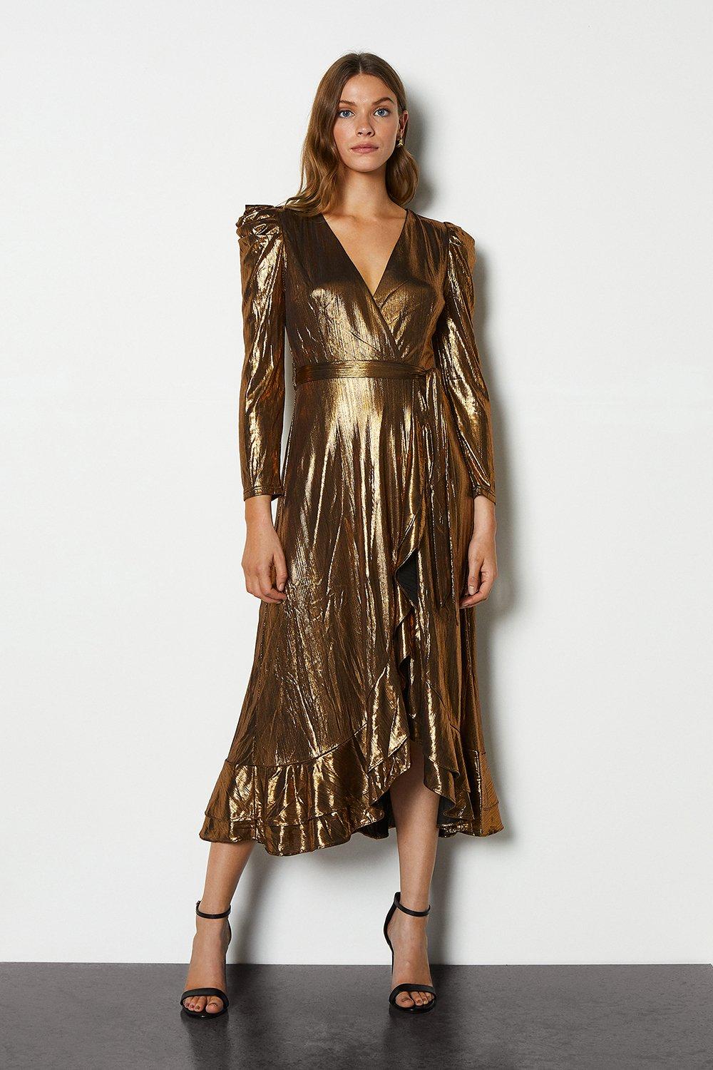Metallic Puff Sleeve Wrap Midi Dress | Karen Millen